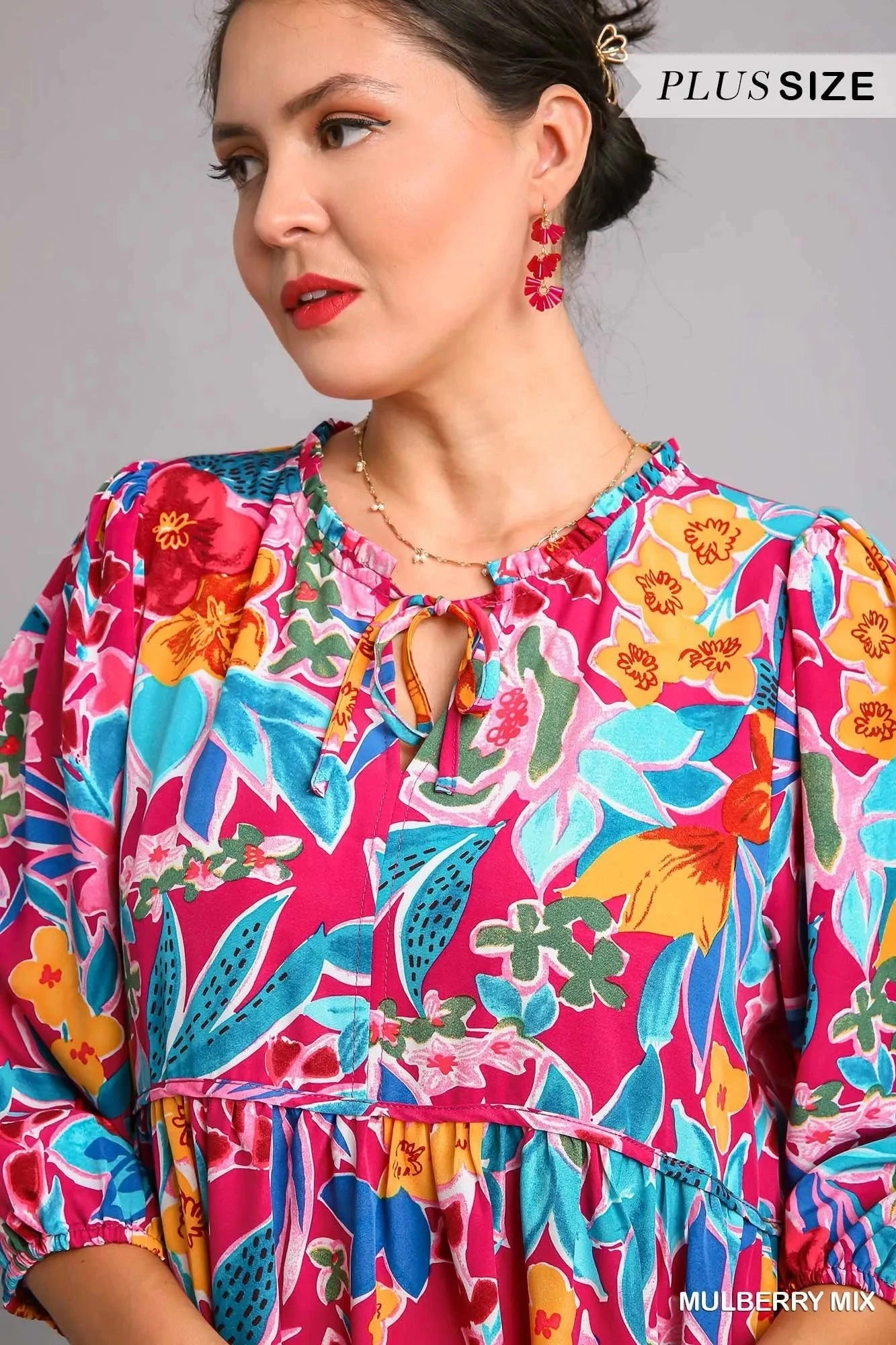 Umgee Plus Size Floral Print Tie Neck Midi Dress with Pockets Dresses jehouze 