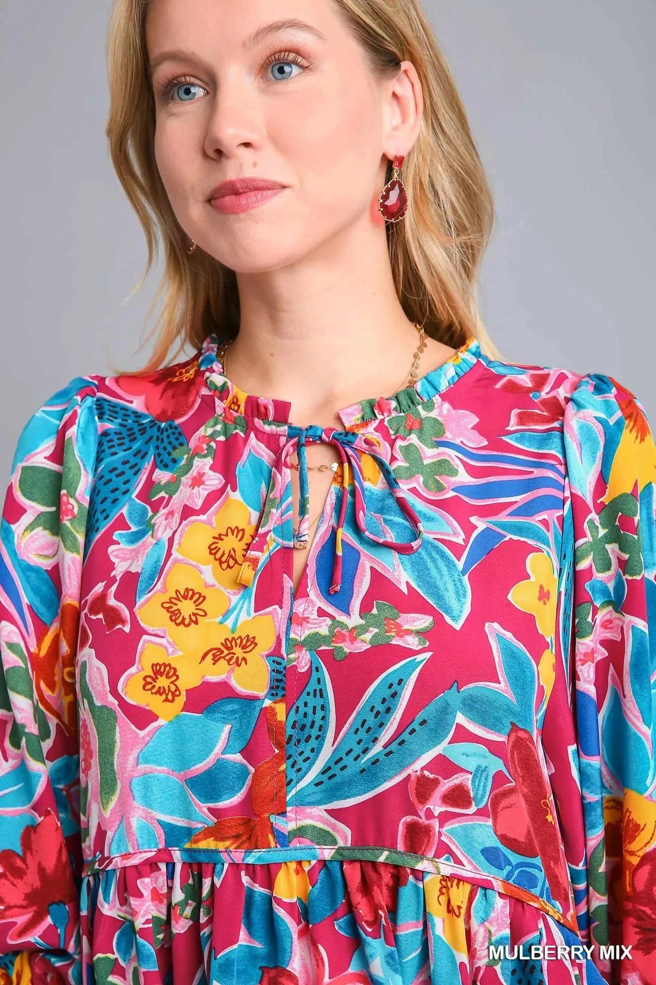 Umgee Plus Size Floral Print Tie Neck Midi Dress with Pockets Dresses jehouze 