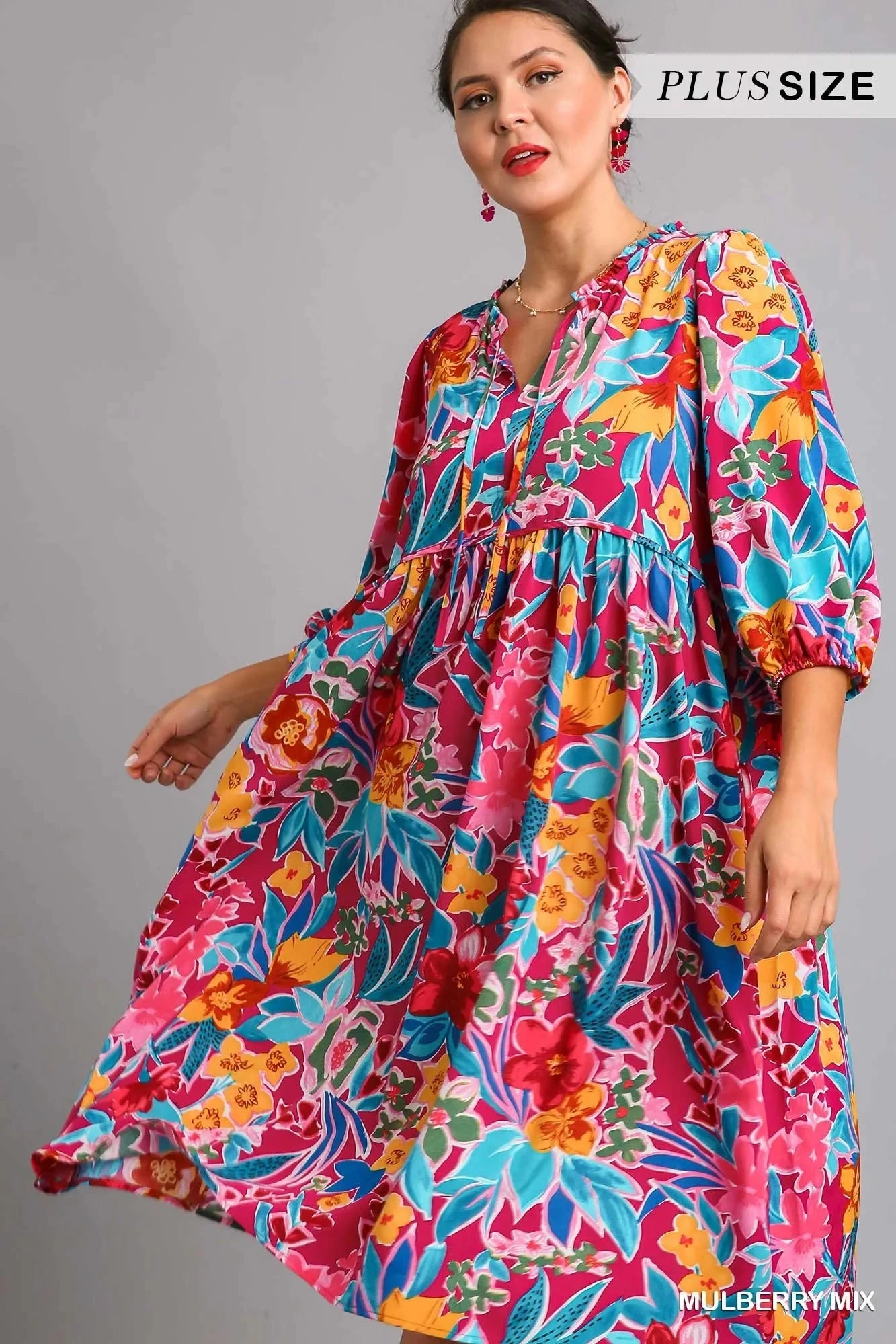 Umgee Plus Size Floral Print Tie Neck Midi Dress with Pockets Dresses jehouze 