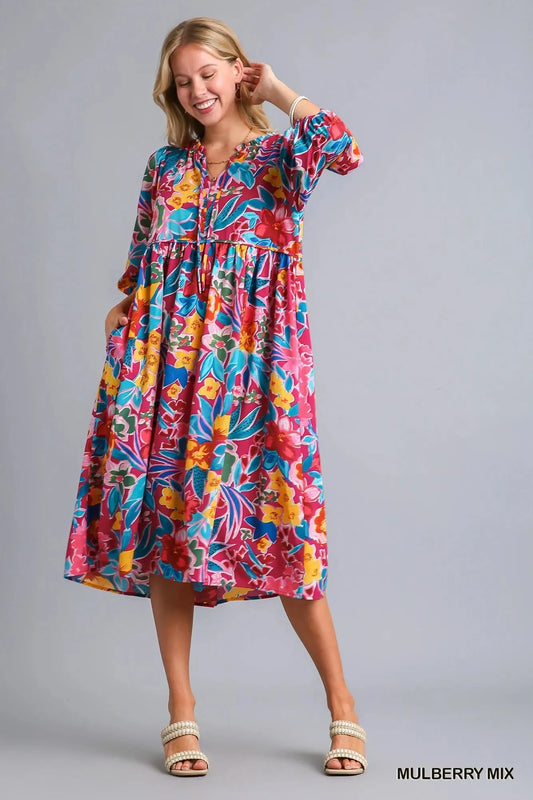 Umgee Plus Size Floral Print Tie Neck Midi Dress with Pockets Dresses jehouze MULBERRY MIX S 