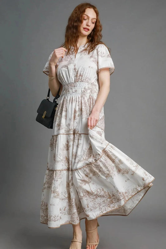 Umgee Plus Size Landscape Print Short Sleeve Tiered Maxi Dress Dresses jehouze Camel S 