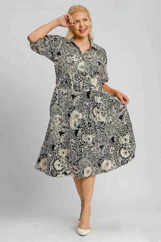 Umgee Plus Size Printed Smocked Cuff Puff Sleeve Midi Dress Dresses jehouze 