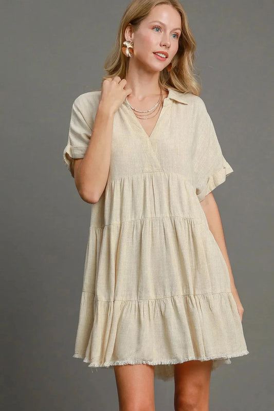 Umgee Plus Size Raw Hem Folded Sleeve Tiered Dress Dresses jehouze OATMEAL S 