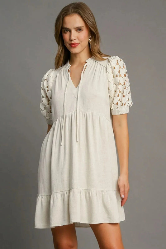 Umgee Plus Size Ruffled Hem Heart Lace Sleeve Tie Neck Dress Dresses jehouze Oatmeal S 