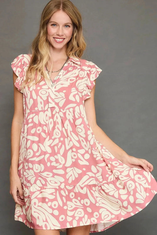 Umgee Plus Size Two Tone Printed Ruffled Cap Sleeve Mini Dress Dresses jehouze Blush Pink S 