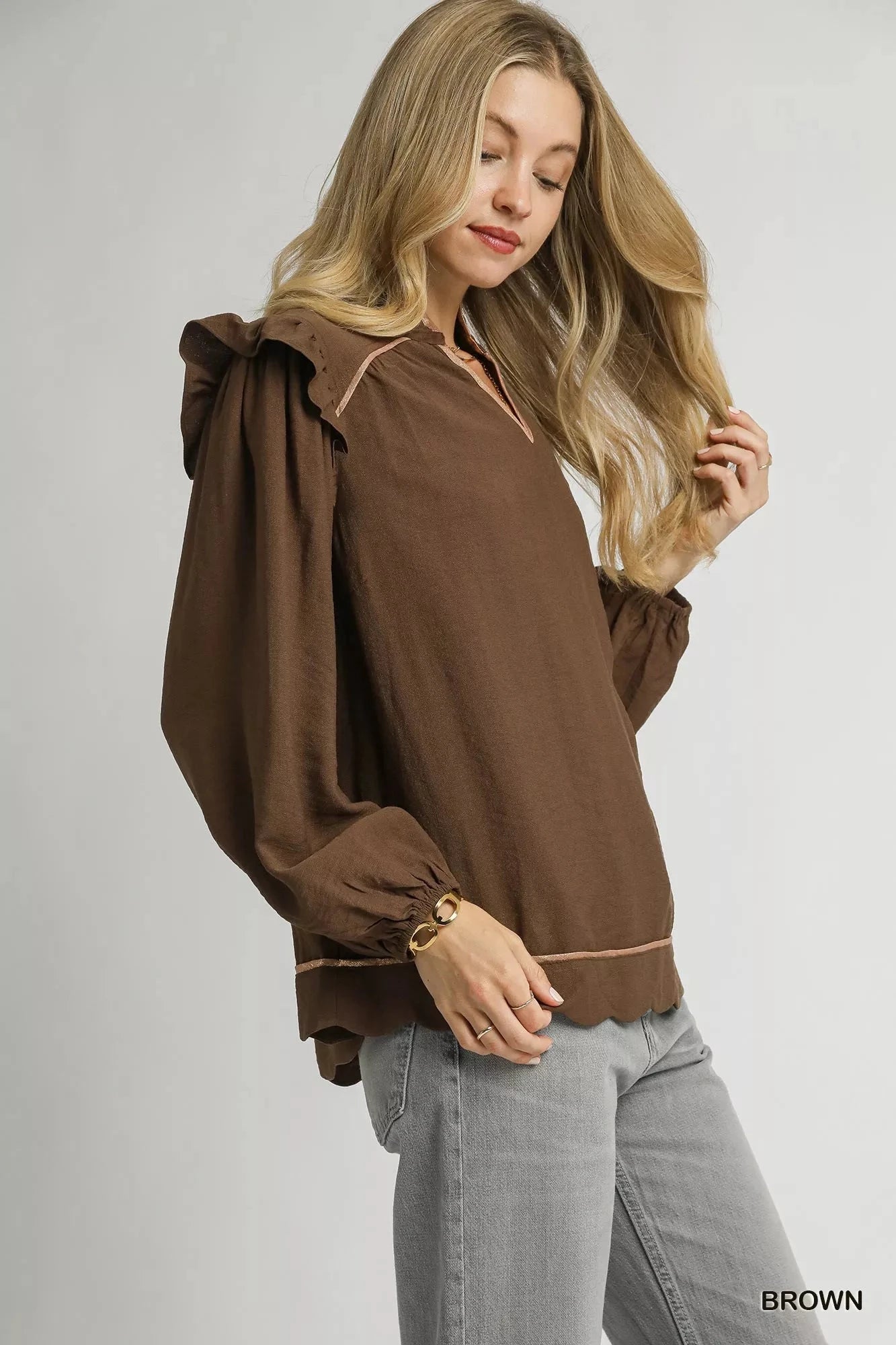 Umgee Ruffle Shoulder Long Sleeve Blouse jehouze 