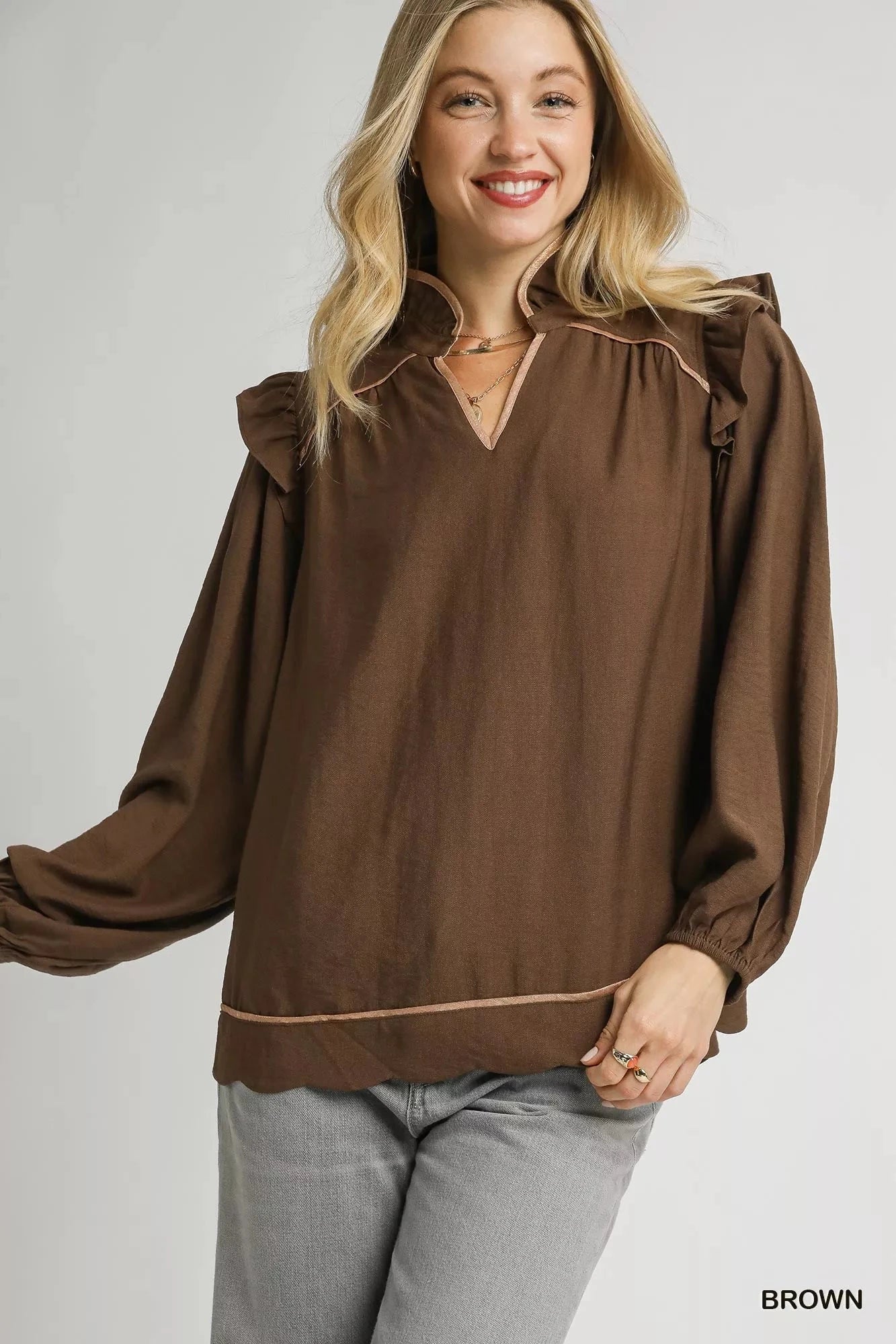 Umgee Ruffle Shoulder Long Sleeve Blouse jehouze Brown S 