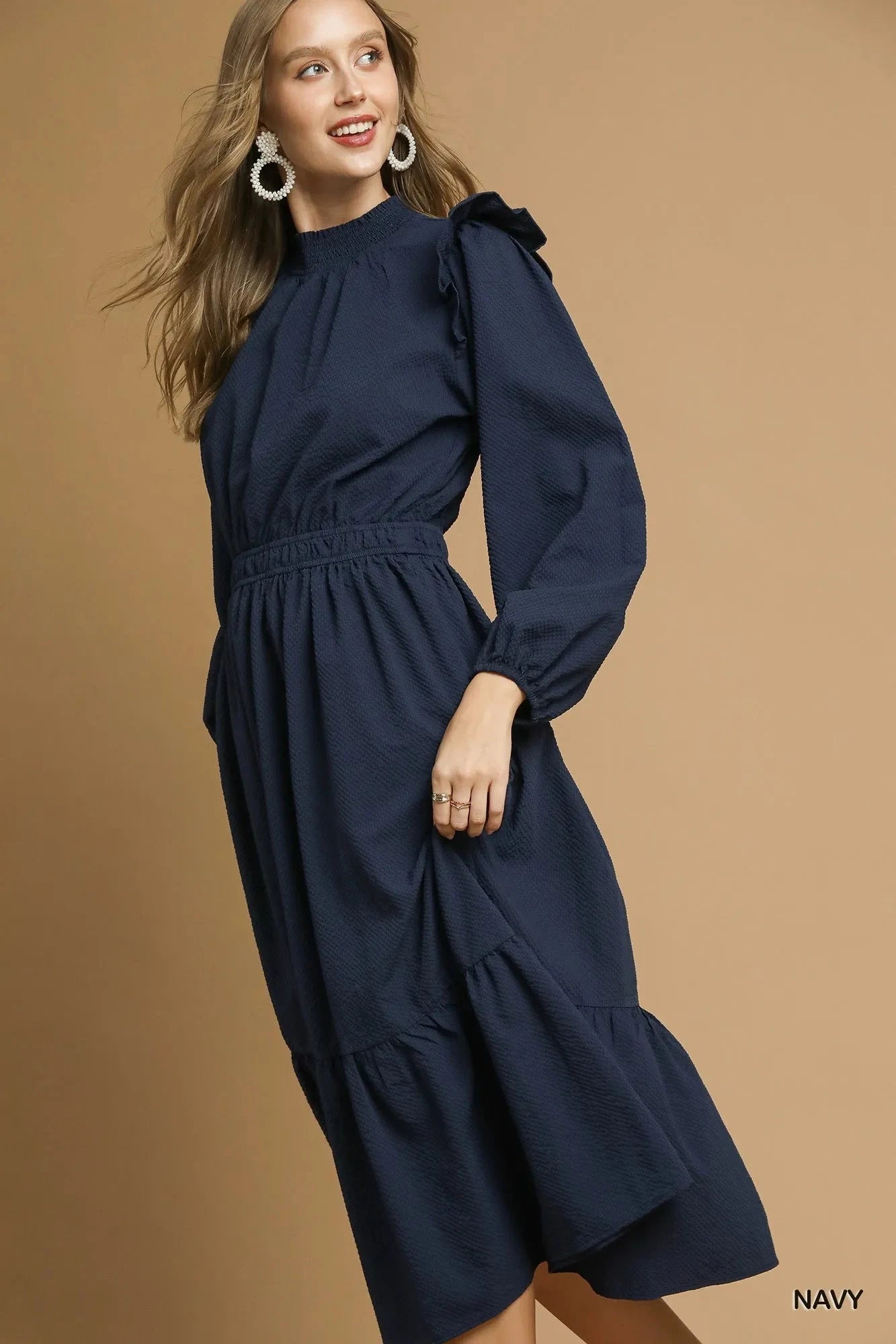 Umgee Textured Midi Dress with Ruffle Shoulder Detail Dresses jehouze 