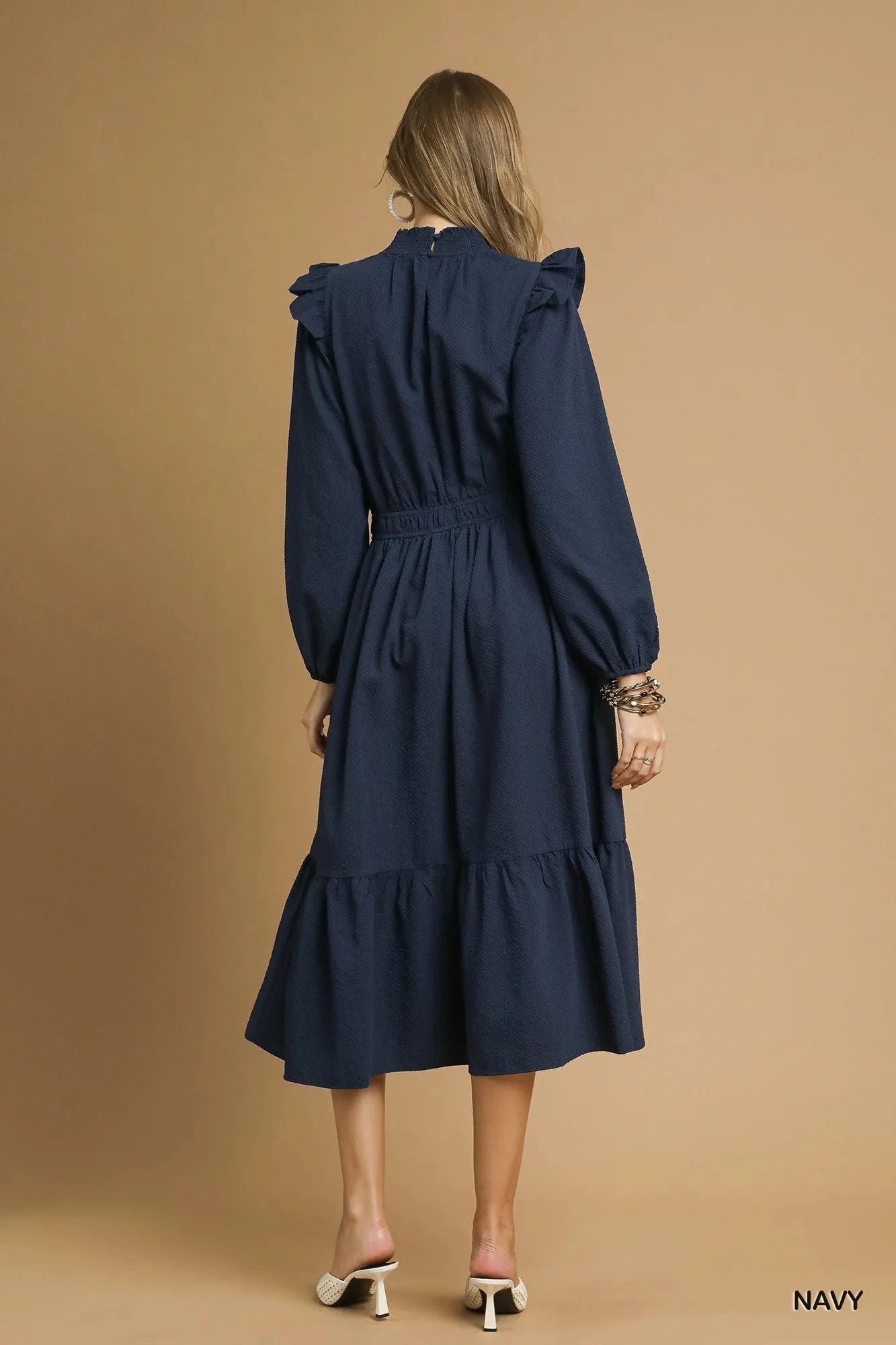Umgee Textured Midi Dress with Ruffle Shoulder Detail Dresses jehouze 