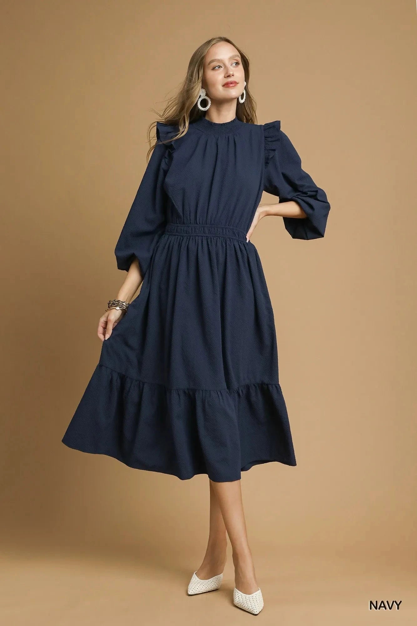 Umgee Textured Midi Dress with Ruffle Shoulder Detail Dresses jehouze Navy S 