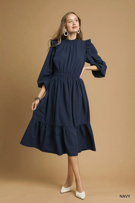 Umgee Textured Midi Dress with Ruffle Shoulder Detail Dresses jehouze Navy S 