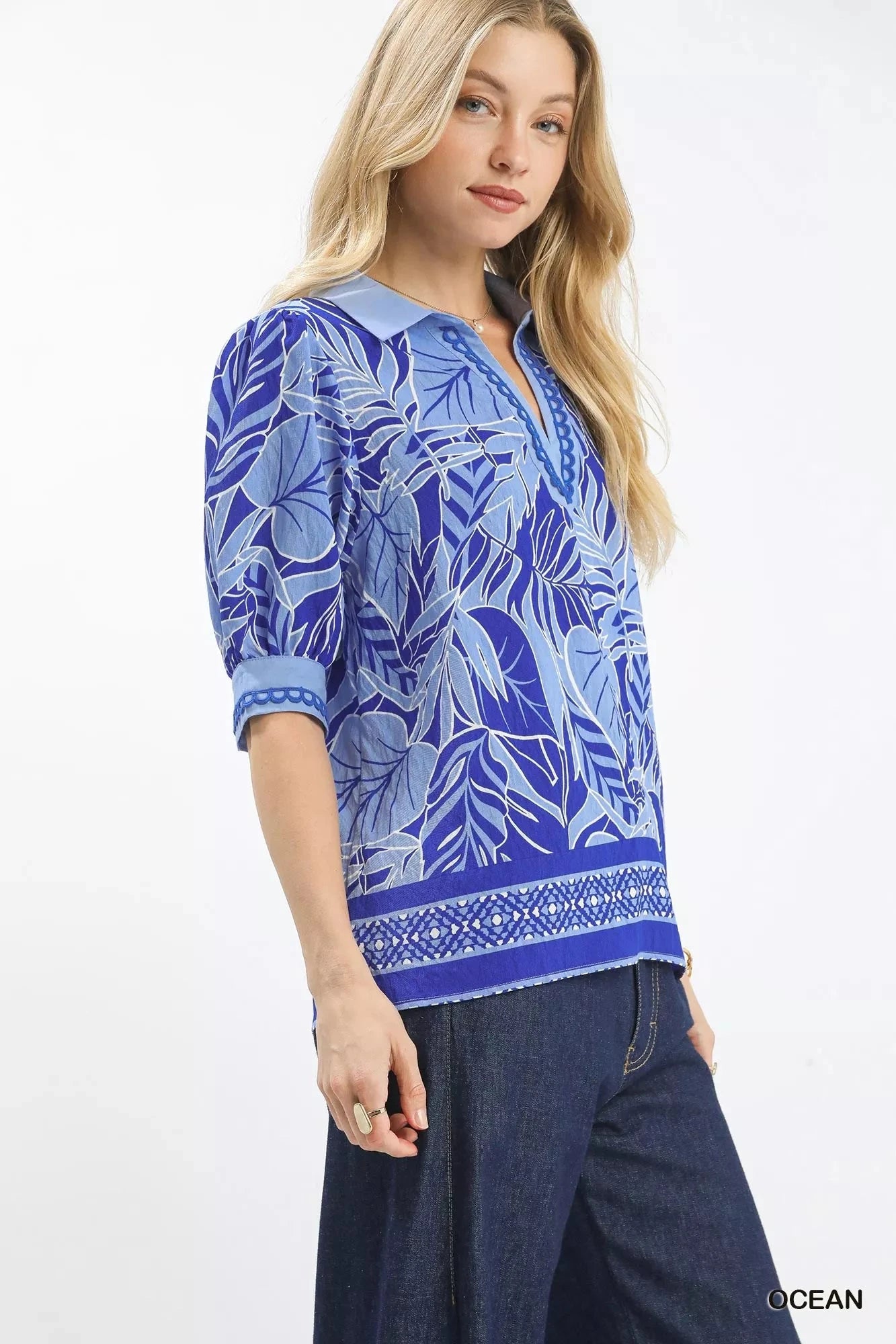 Umgee Tropical Print Puff Sleeve Blouse jehouze 