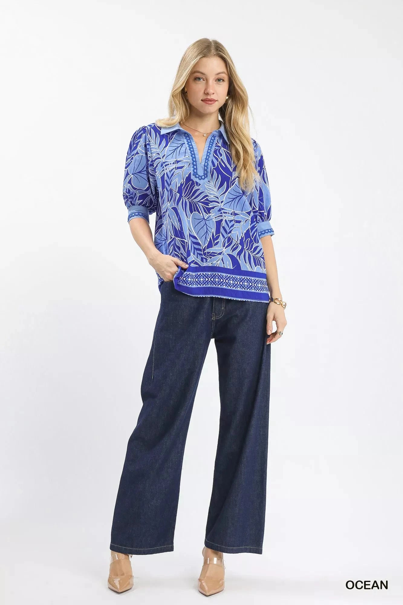 Umgee Tropical Print Puff Sleeve Blouse jehouze 