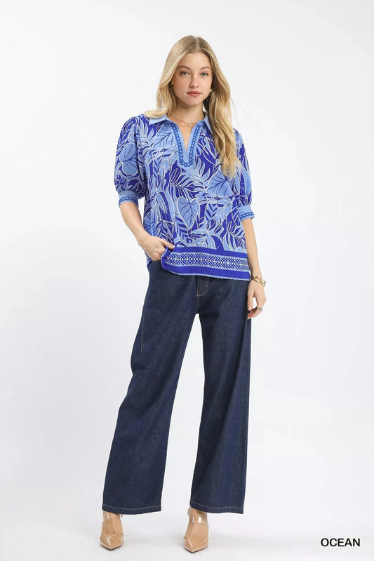 Umgee Tropical Print Puff Sleeve Blouse jehouze 