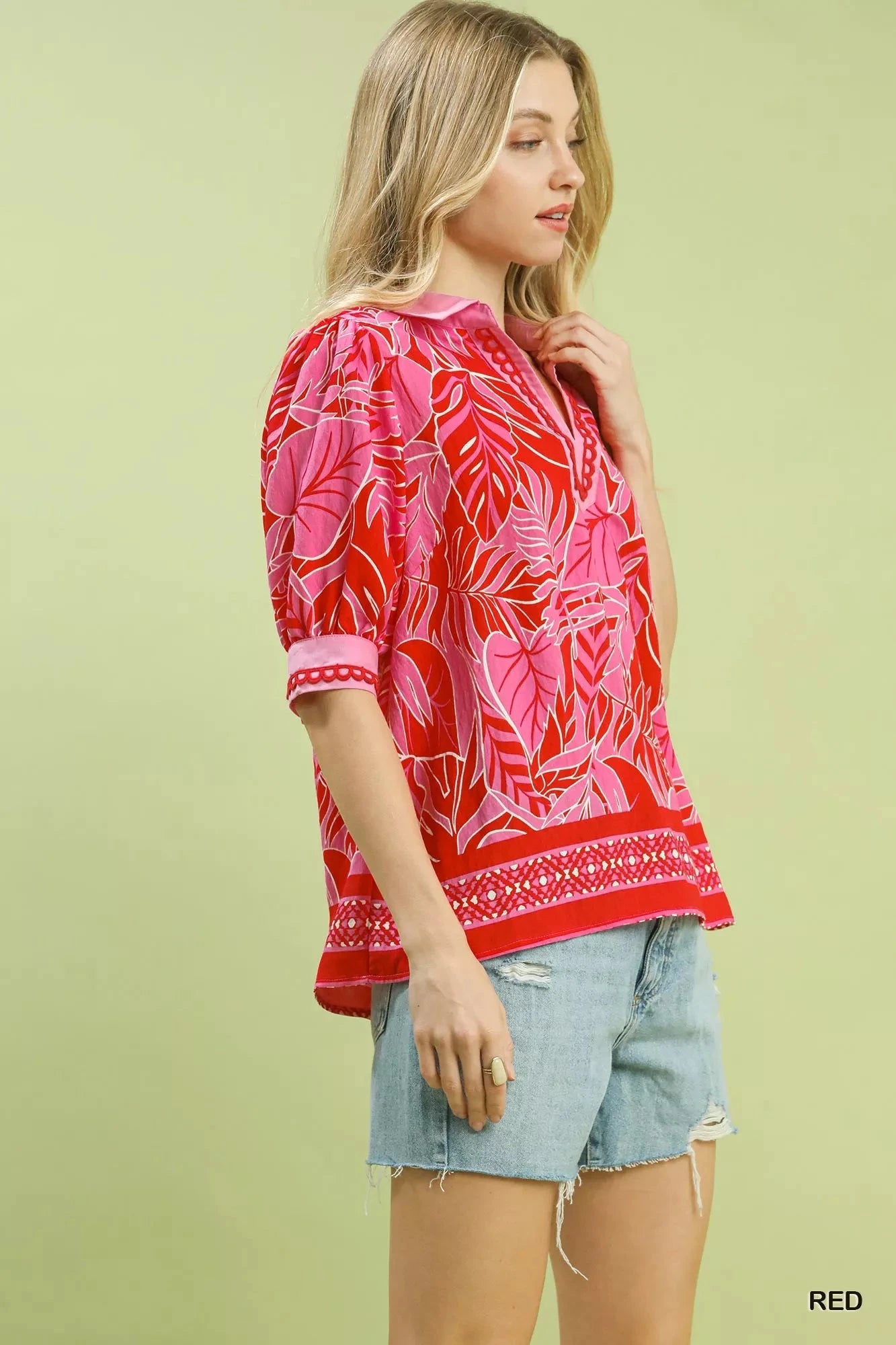 Umgee Tropical Print Puff Sleeve Blouse Shirts & Tops jehouze 