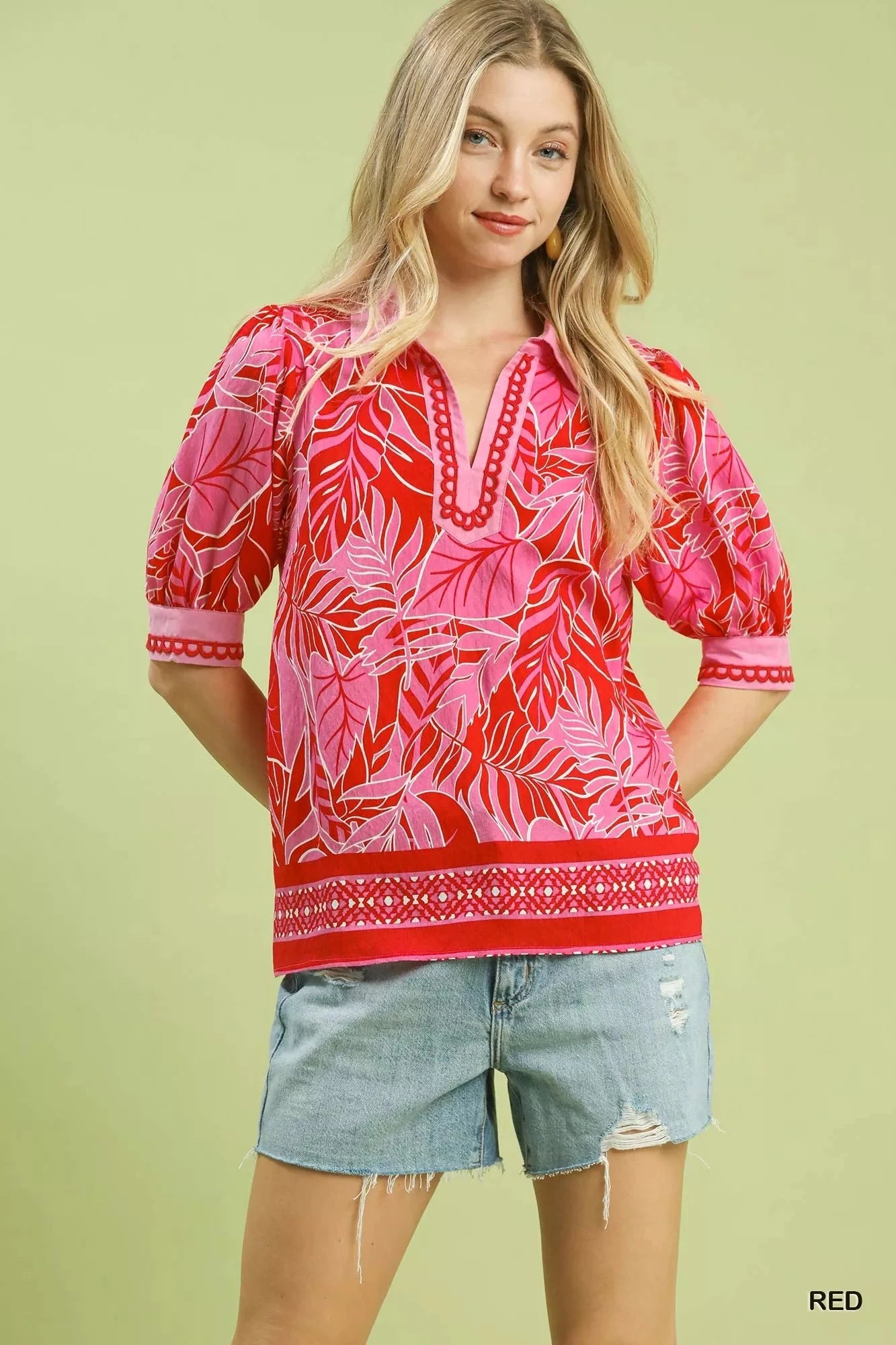 Umgee Tropical Print Puff Sleeve Blouse Shirts & Tops jehouze 
