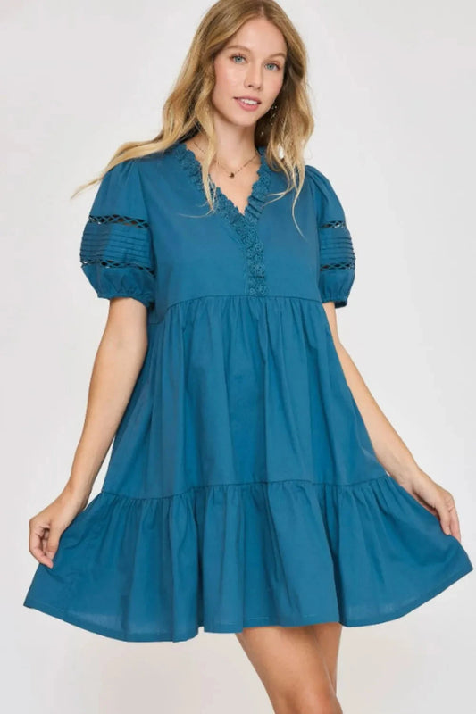 Umgee USA Plus Size Lace Detail Puff Sleeve Mini Dress Dresses jehouze Cerulean S 
