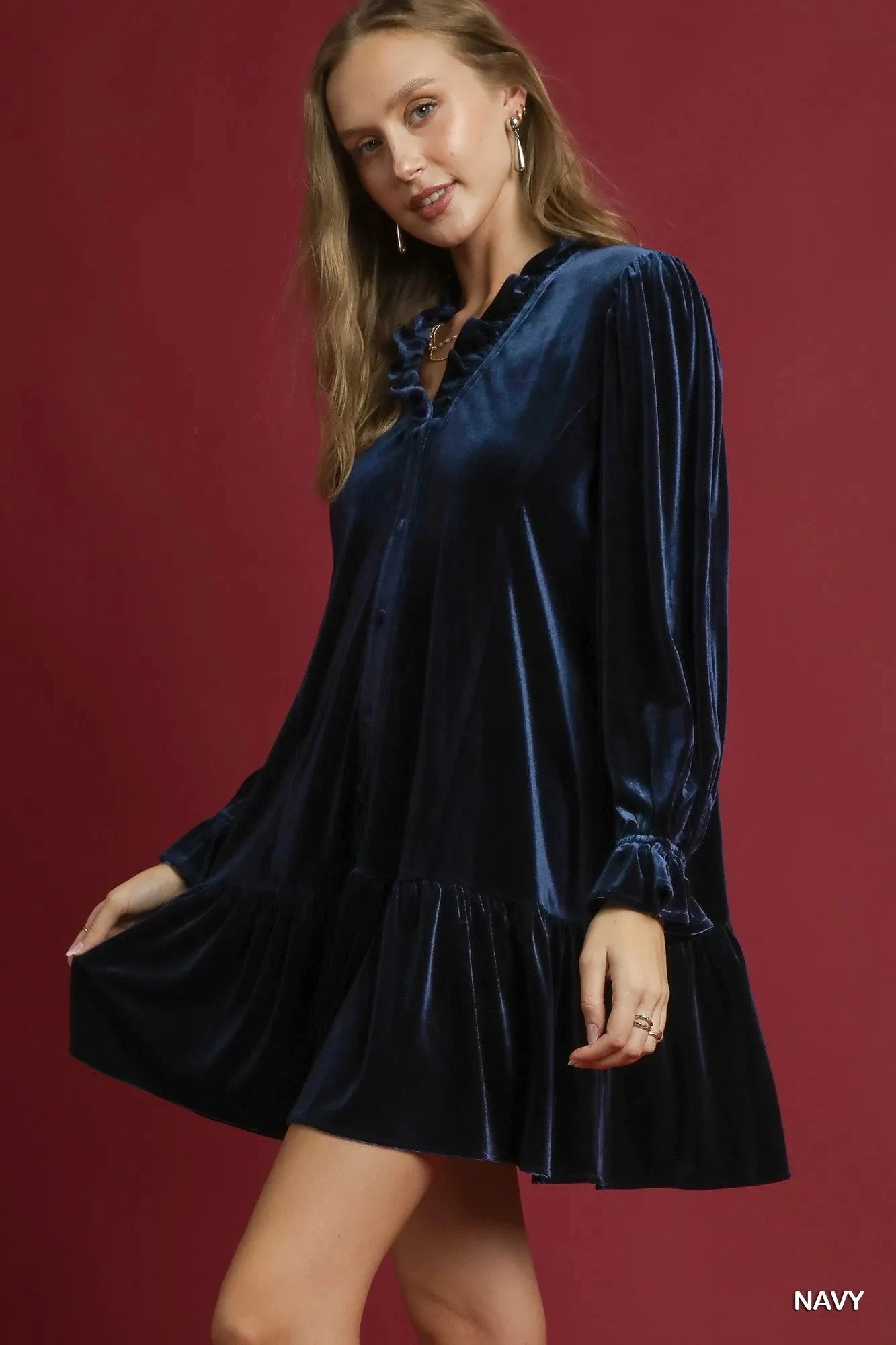 Umgee Velvet Ruffle Trim Mini Dress Dresses jehouze 