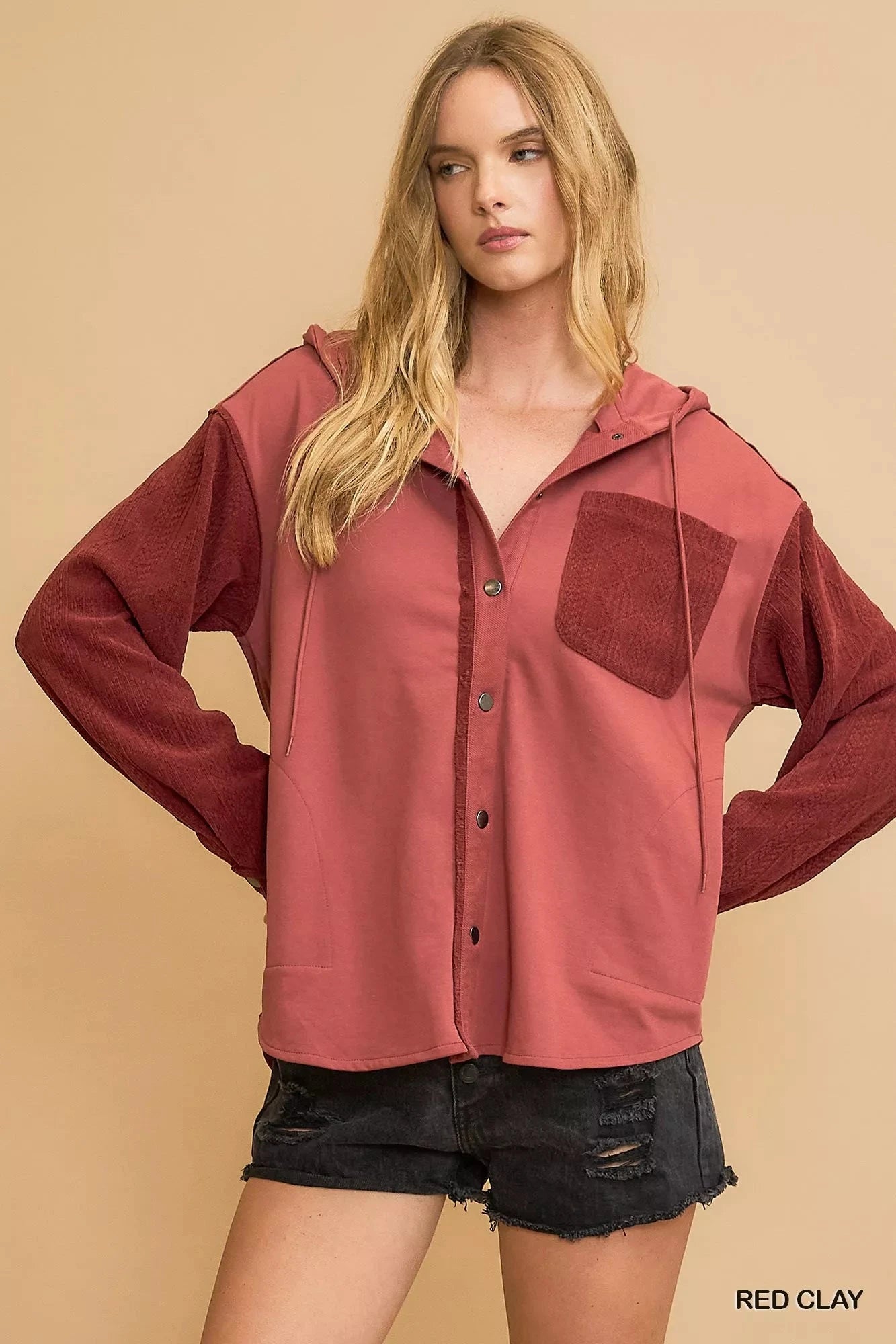 Umgee Washed French Terry Shacket Outerwear jehouze 