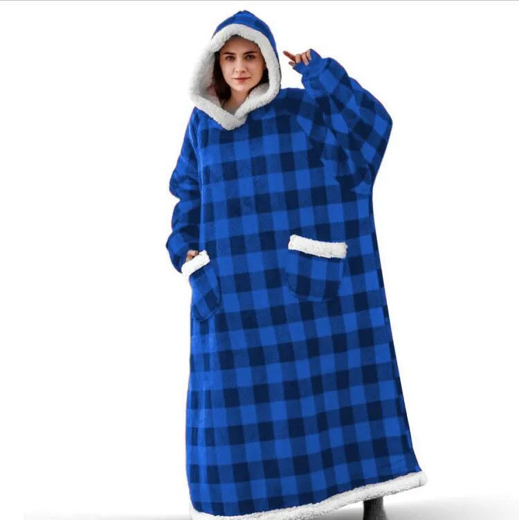 Unisex Comfy Wearable Oversized Hoodie Winter Long Blanket Sleepwear & Loungewear jehouze Blue Plaid 120 cm 