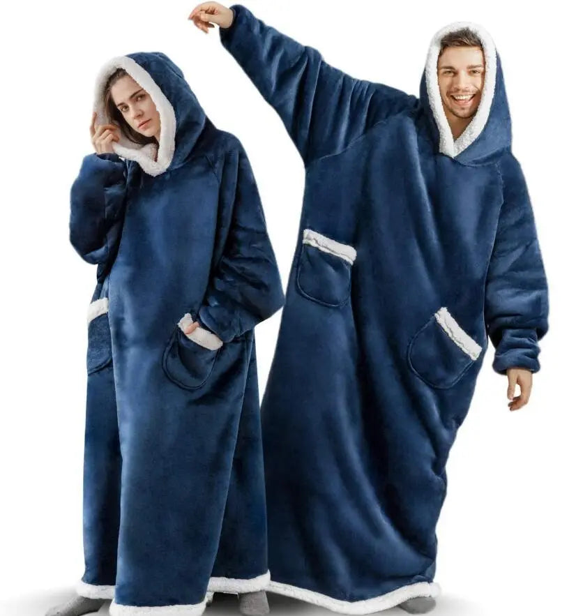 Unisex Comfy Wearable Oversized Hoodie Winter Long Blanket Sleepwear & Loungewear jehouze Navy Blue 120 cm 