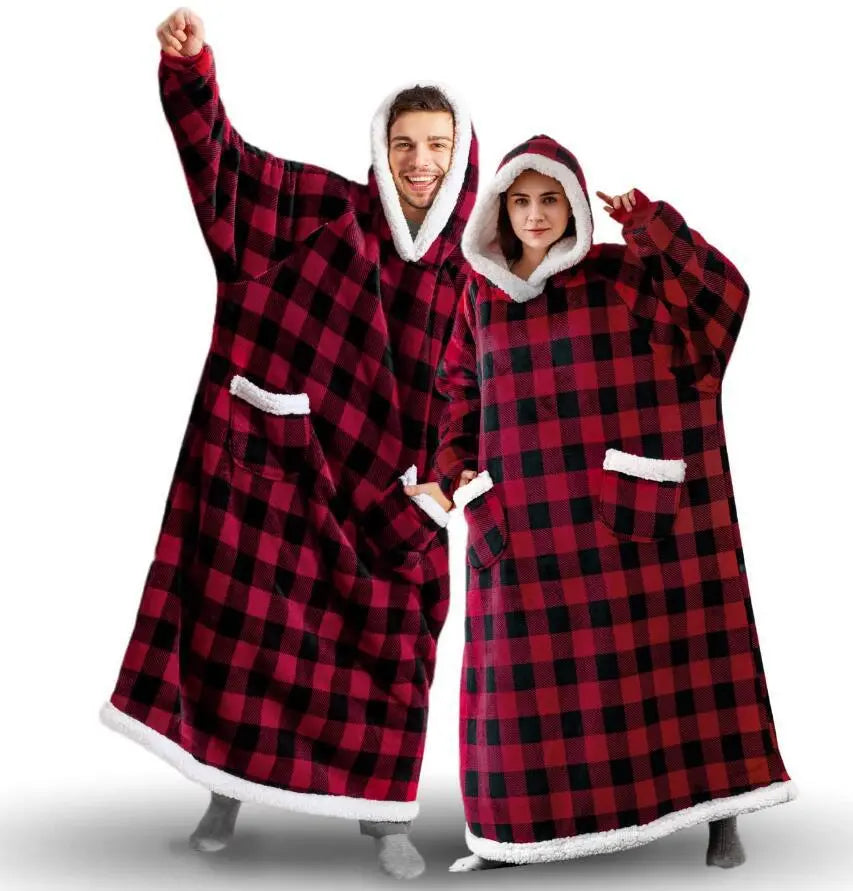 Unisex Comfy Wearable Oversized Hoodie Winter Long Blanket Sleepwear & Loungewear jehouze Red Plaid 120 cm 