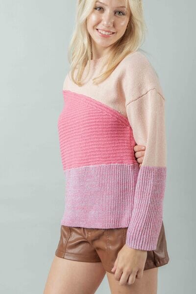 VERY J Pink Color Block Long Sleeve Sweater Top Outerwear jehouze 