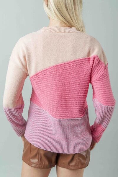 VERY J Pink Color Block Long Sleeve Sweater Top Outerwear jehouze 
