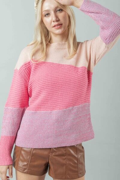 VERY J Pink Color Block Long Sleeve Sweater Top Outerwear jehouze PINK S 