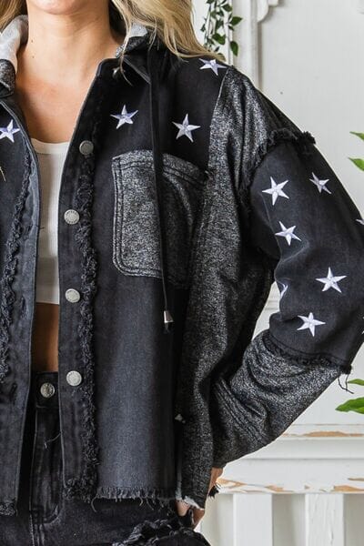 Veveret Black Star Embroidered Hooded Denim Jacket Coats & Jackets jehouze 