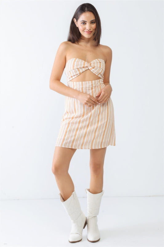 White & Apricot Stripe Print Strapless Twist Cut-out Smocked Back Mini Dress Dresses jehouze S 