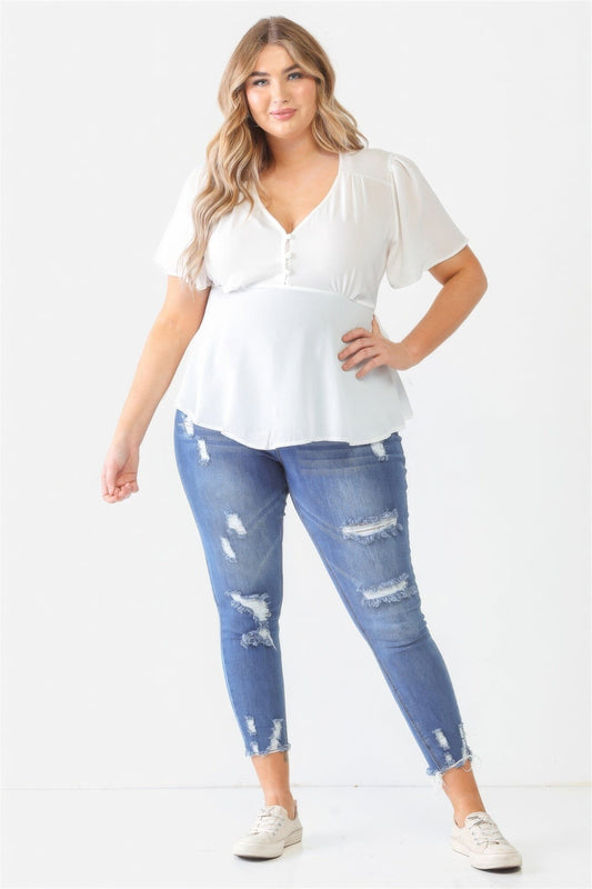 White Plus Size Button Up V Neck Short Sleeve Flare Top Shirts & Tops jehouze 1XL 