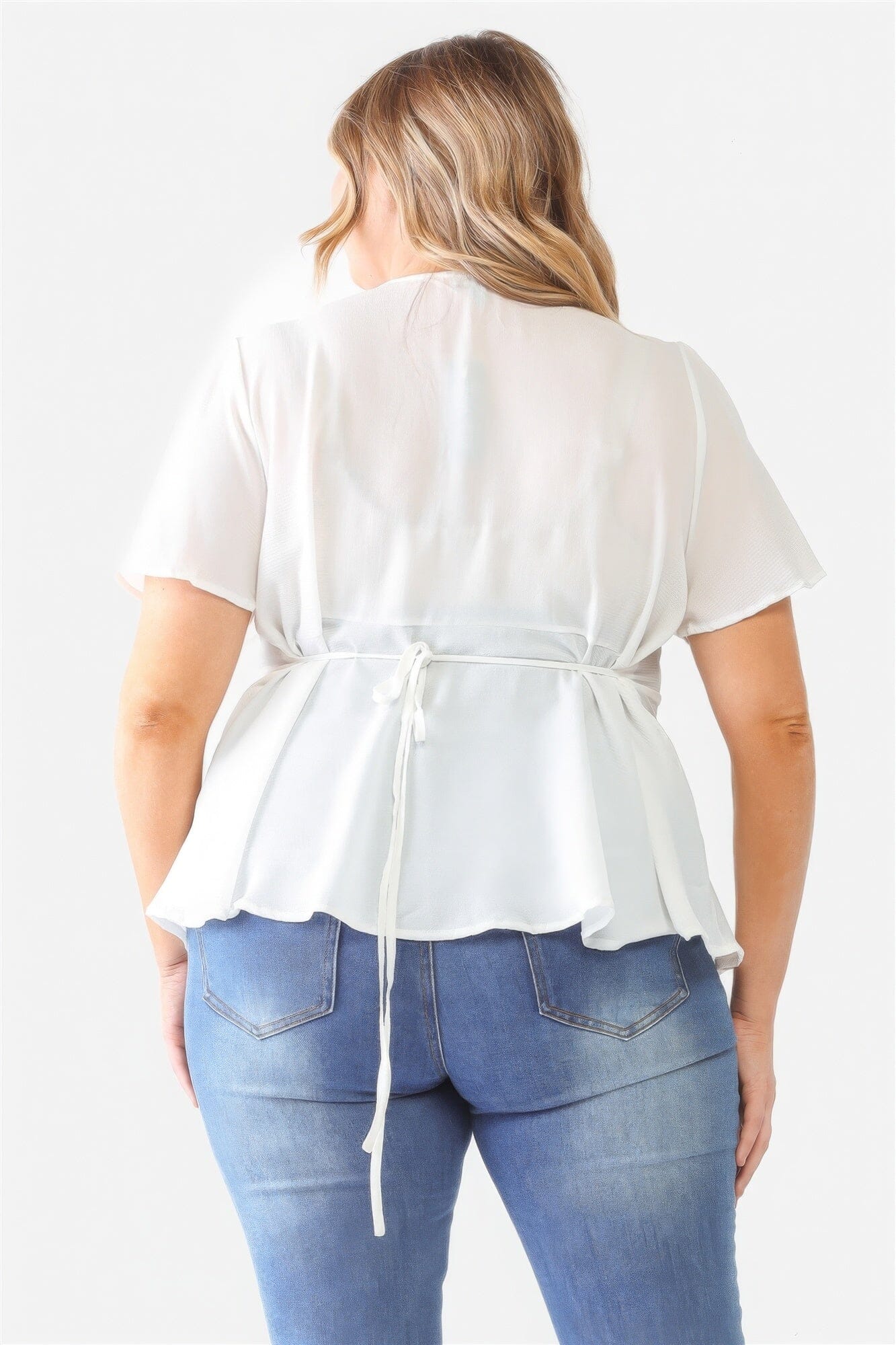 White Plus Size Button Up V Neck Short Sleeve Flare Top Shirts & Tops jehouze 