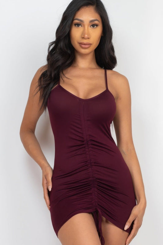 Wine Red Adjustable Ruched Front Detail Bodycon Mini Dress Dresses jehouze S 