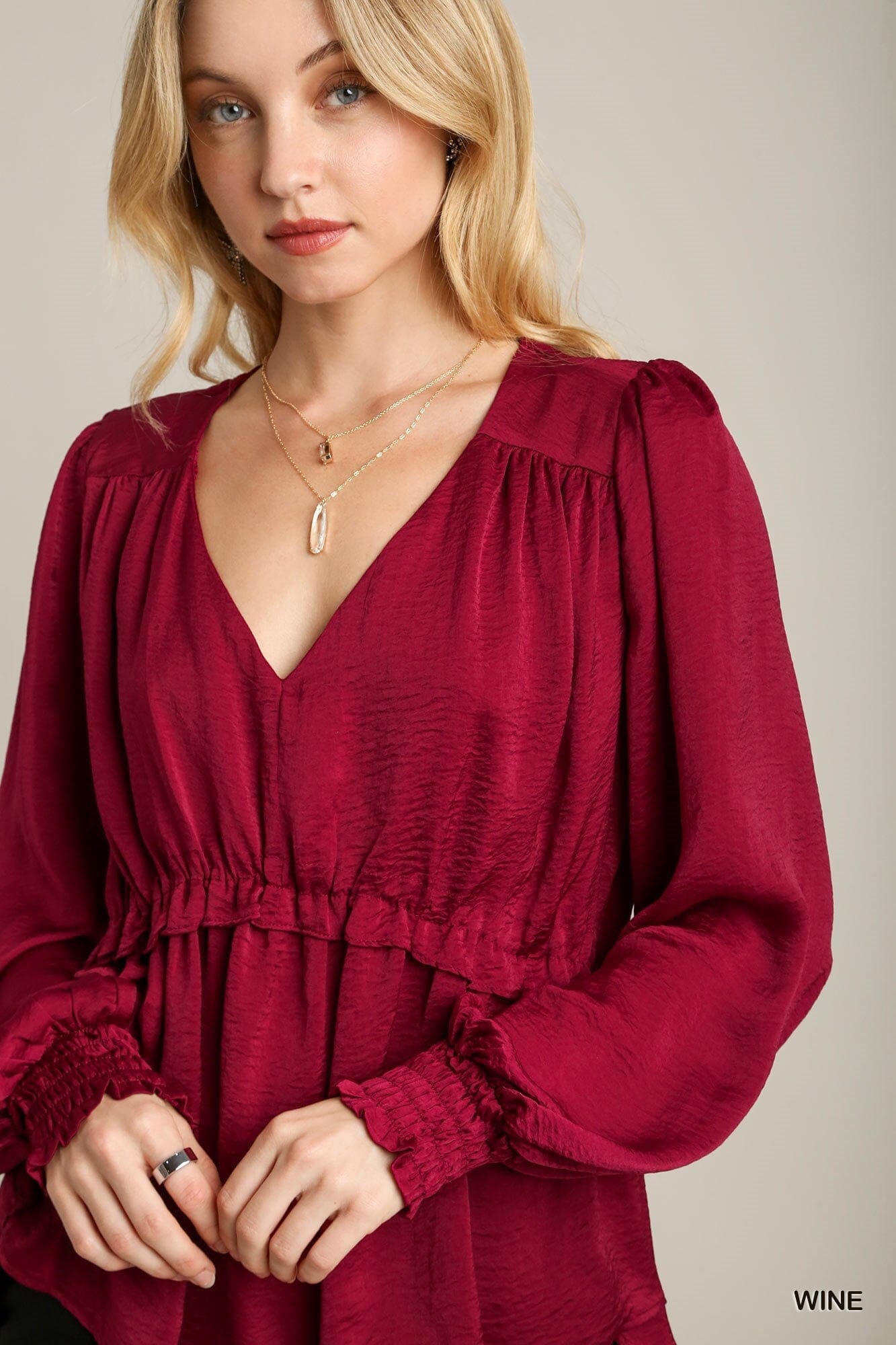 Wine Red Cuffed Long Sleeve Satin V-neck Ruffle Baby Doll Top Shirts & Tops jehouze 