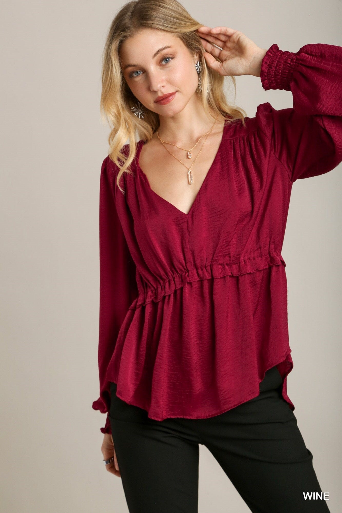 Wine Red Cuffed Long Sleeve Satin V-neck Ruffle Baby Doll Top Shirts & Tops jehouze 