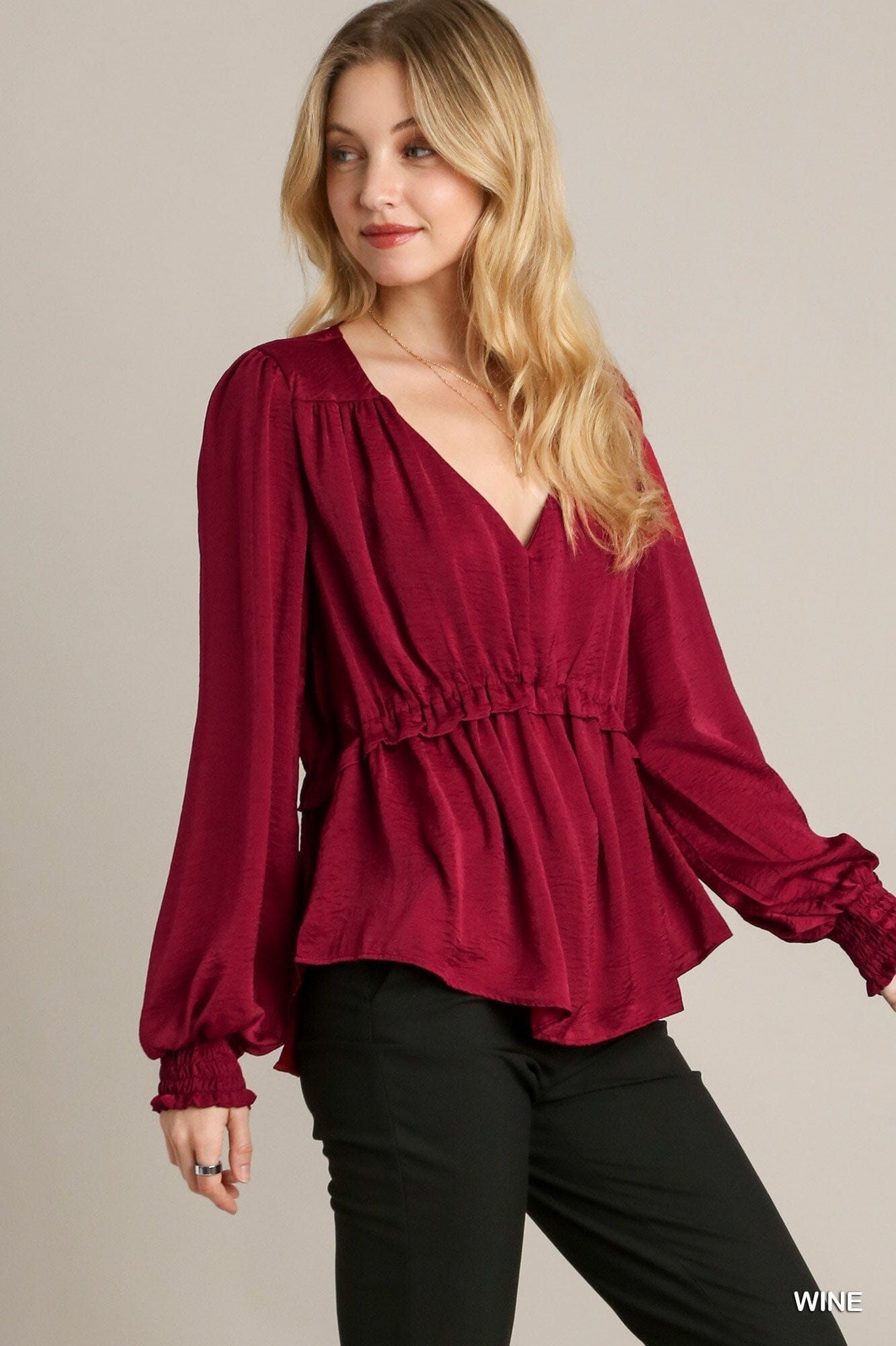 Wine Red Cuffed Long Sleeve Satin V-neck Ruffle Baby Doll Top Shirts & Tops jehouze 