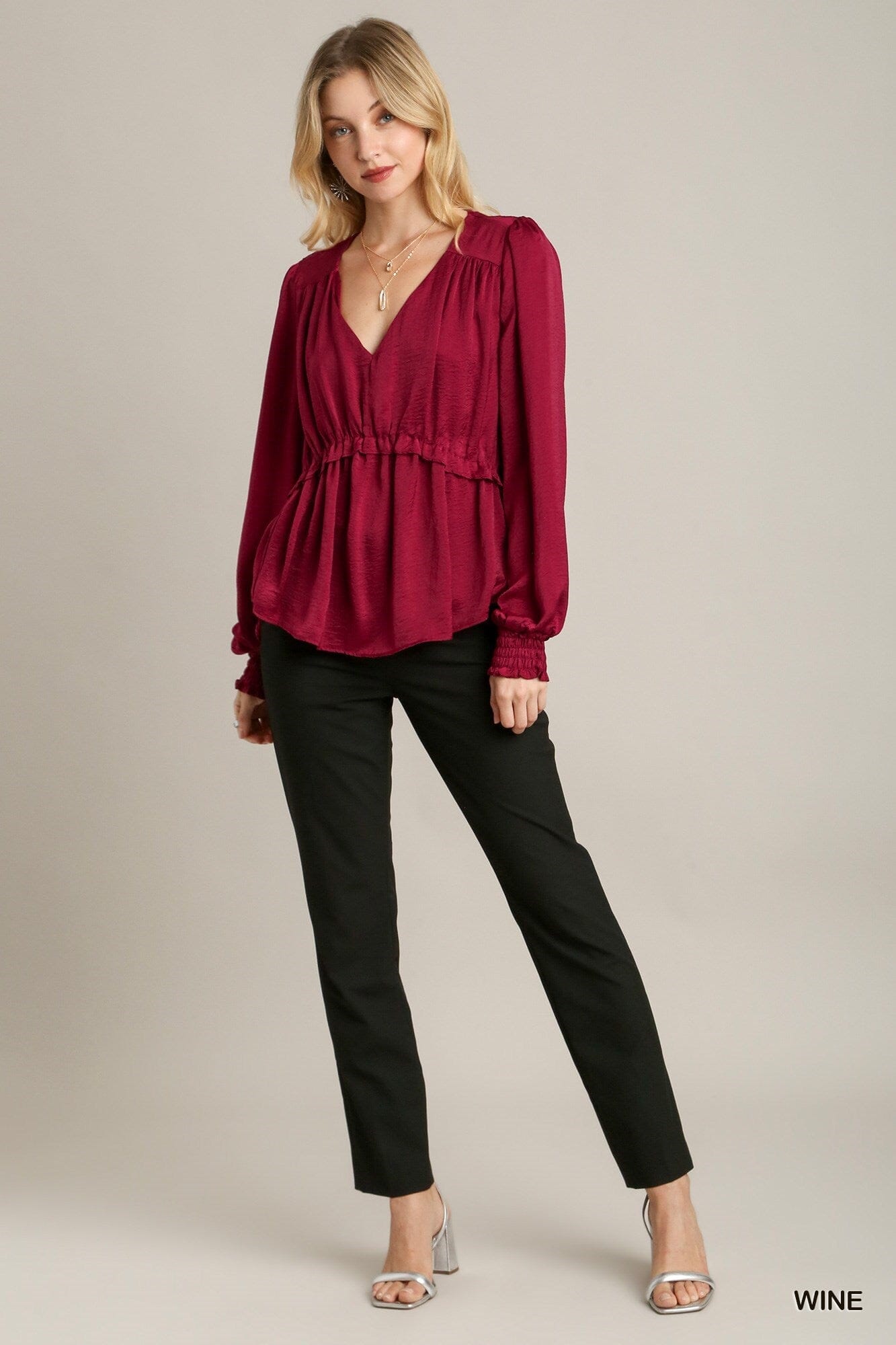 Wine Red Cuffed Long Sleeve Satin V-neck Ruffle Baby Doll Top Shirts & Tops jehouze S 