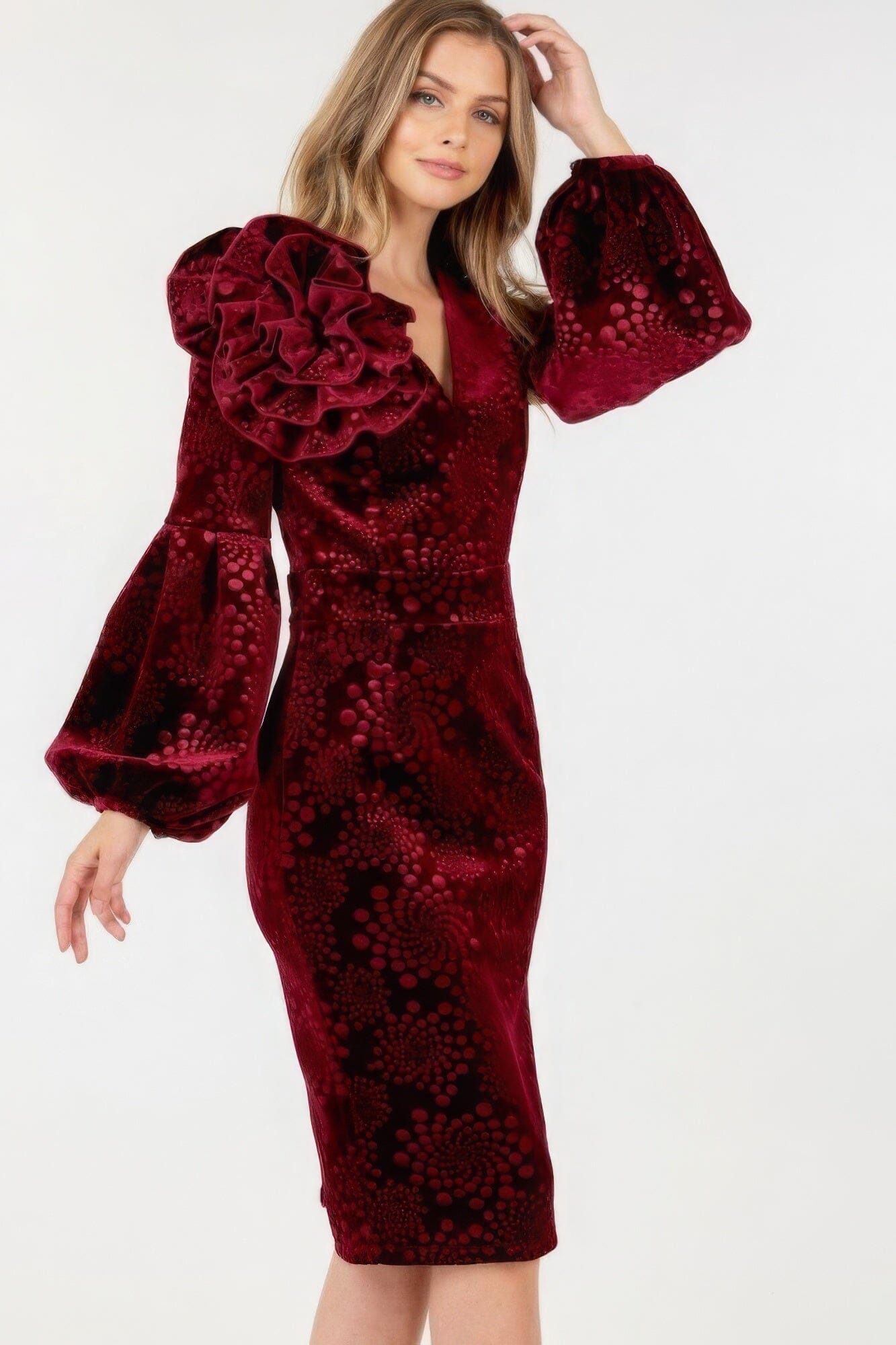 Wine Red Flower Patch Flocked Velvet Fitted Midi Dress With Puff Sleeves Dresses jehouze 