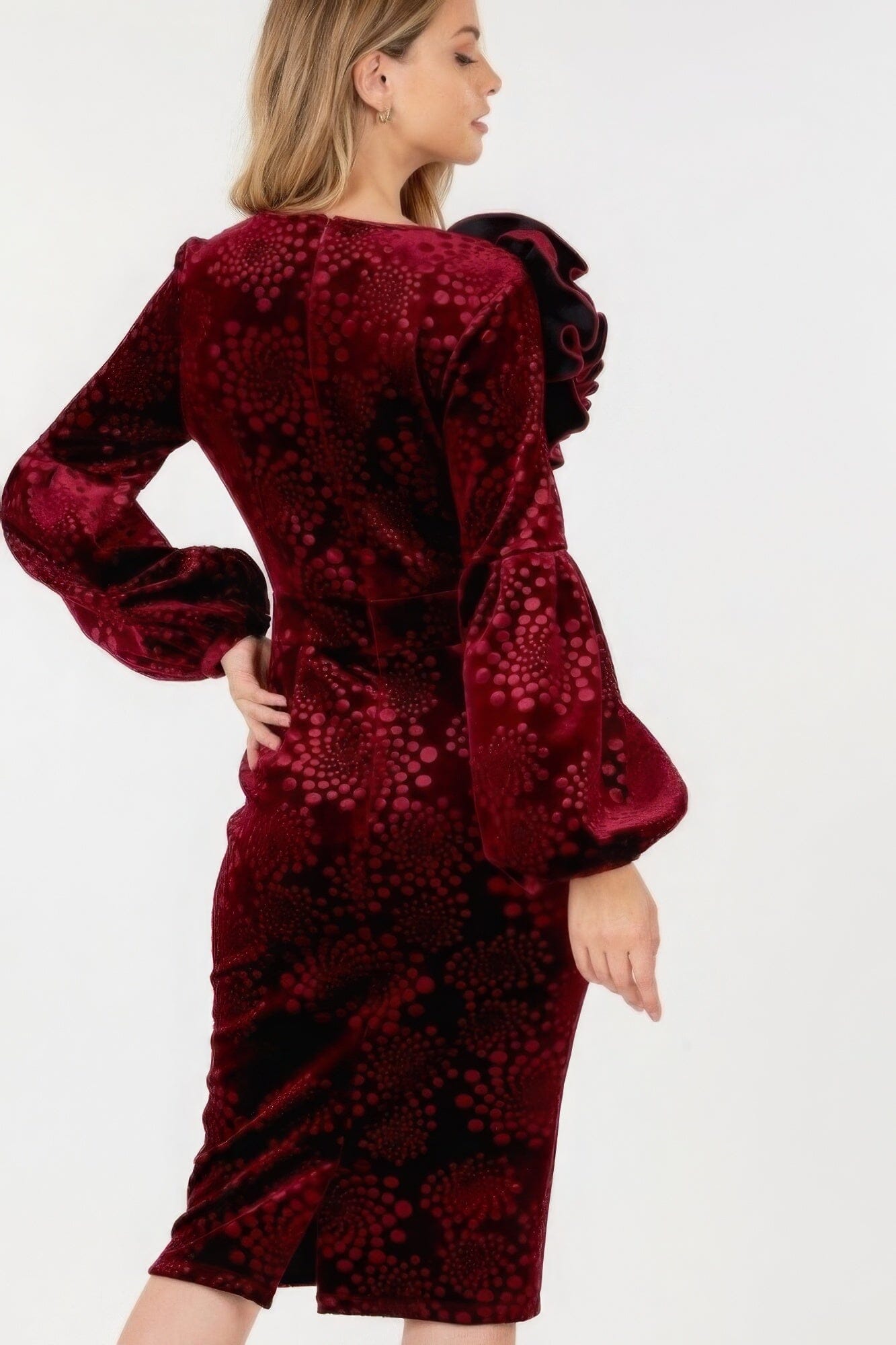 Wine Red Flower Patch Flocked Velvet Fitted Midi Dress With Puff Sleeves Dresses jehouze 