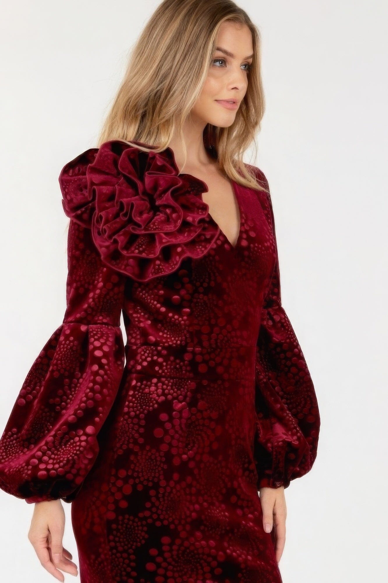 Wine Red Flower Patch Flocked Velvet Fitted Midi Dress With Puff Sleeves Dresses jehouze 