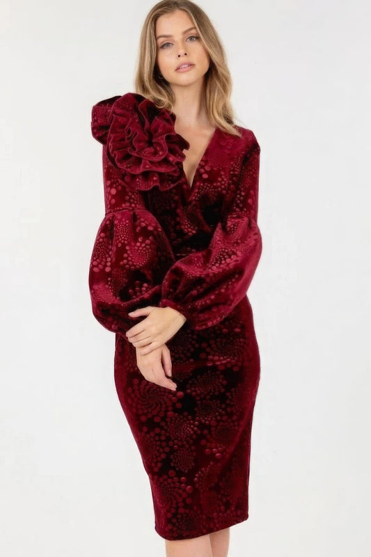 Wine Red Flower Patch Flocked Velvet Fitted Midi Dress With Puff Sleeves Dresses jehouze S 