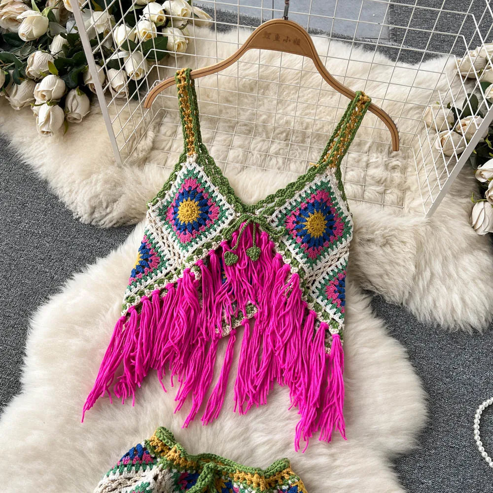 Women 2 pcs Granny Square Crochet Tassel Knitted Cover Up Top and Skirt Set Outfit Sets jehouze 