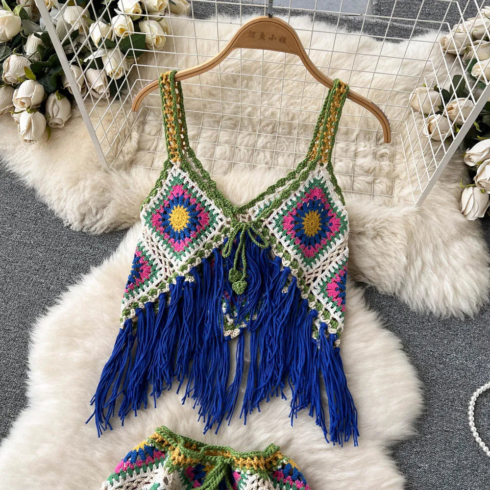 Women 2 pcs Granny Square Crochet Tassel Knitted Cover Up Top and Skirt Set Outfit Sets jehouze 