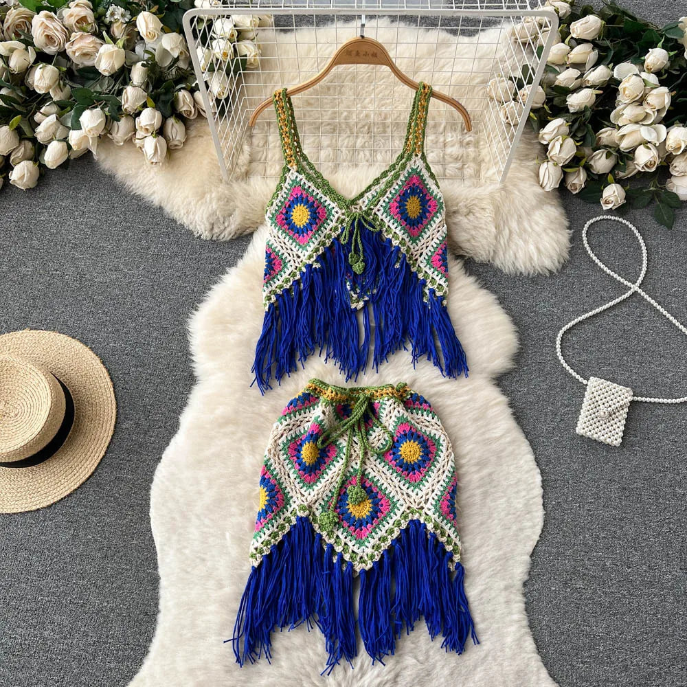 Women 2 pcs Granny Square Crochet Tassel Knitted Cover Up Top and Skirt Set Outfit Sets jehouze Blue 