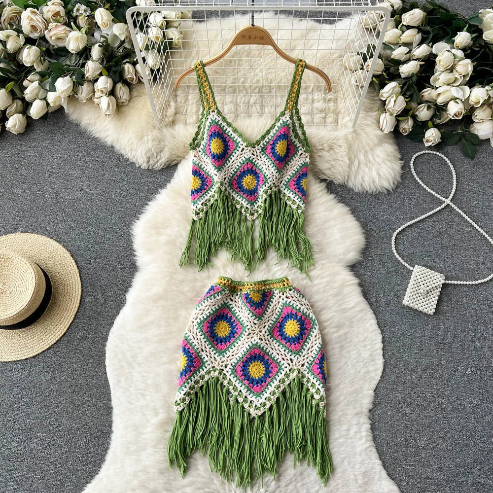 Women 2 pcs Granny Square Crochet Tassel Knitted Cover Up Top and Skirt Set Outfit Sets jehouze Green 