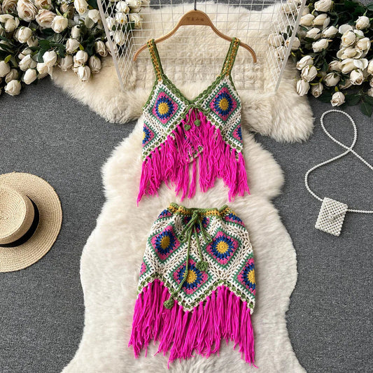 Women 2 pcs Granny Square Crochet Tassel Knitted Cover Up Top and Skirt Set Outfit Sets jehouze Pink 