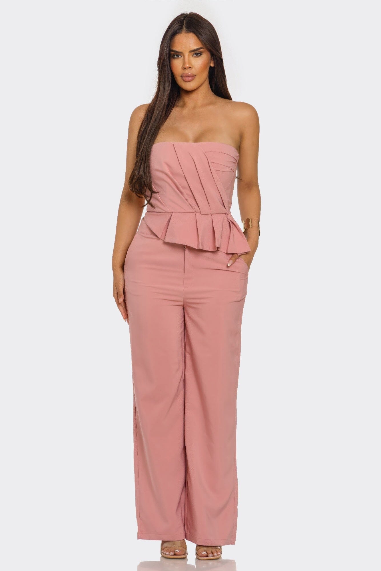 Women 2 pcs Strapless Pleated top and pant set Outfit Sets jehouze Mauve S 