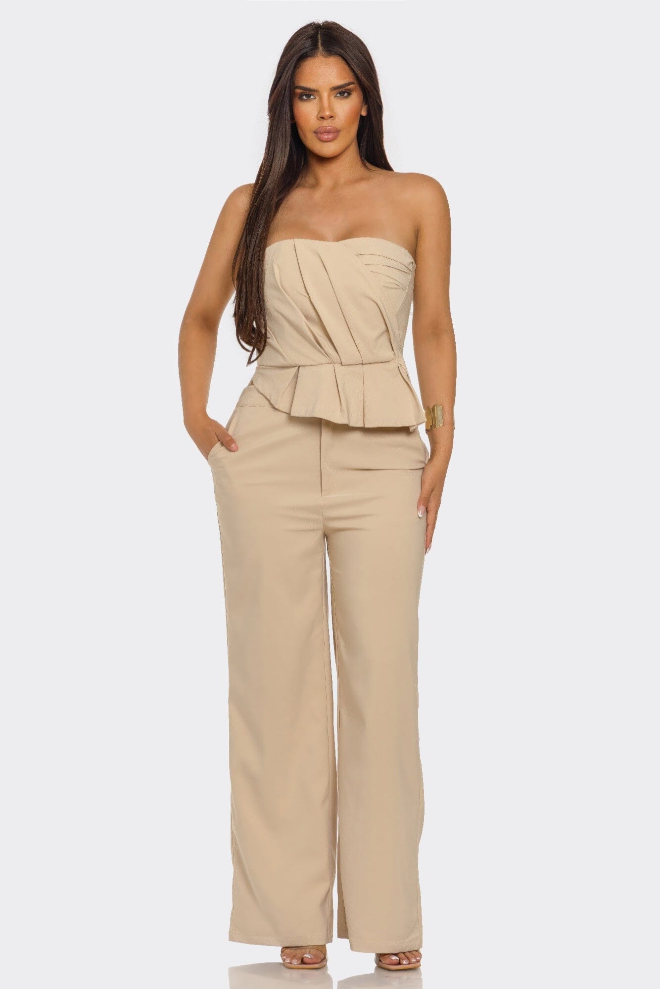 Women 2 pcs Strapless Pleated top and pant set Outfit Sets jehouze Taupe S 