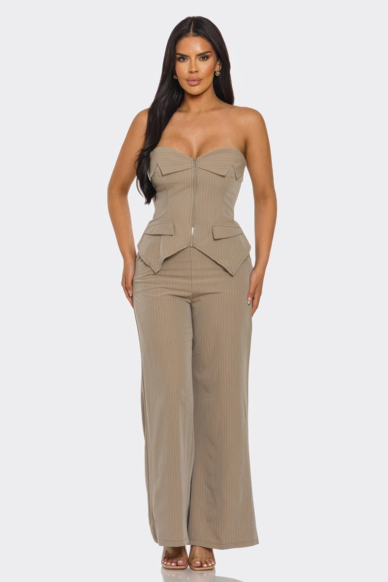 Women 2 pcsStrapless Corset Top and pant set Outfit Sets jehouze Mocha S 